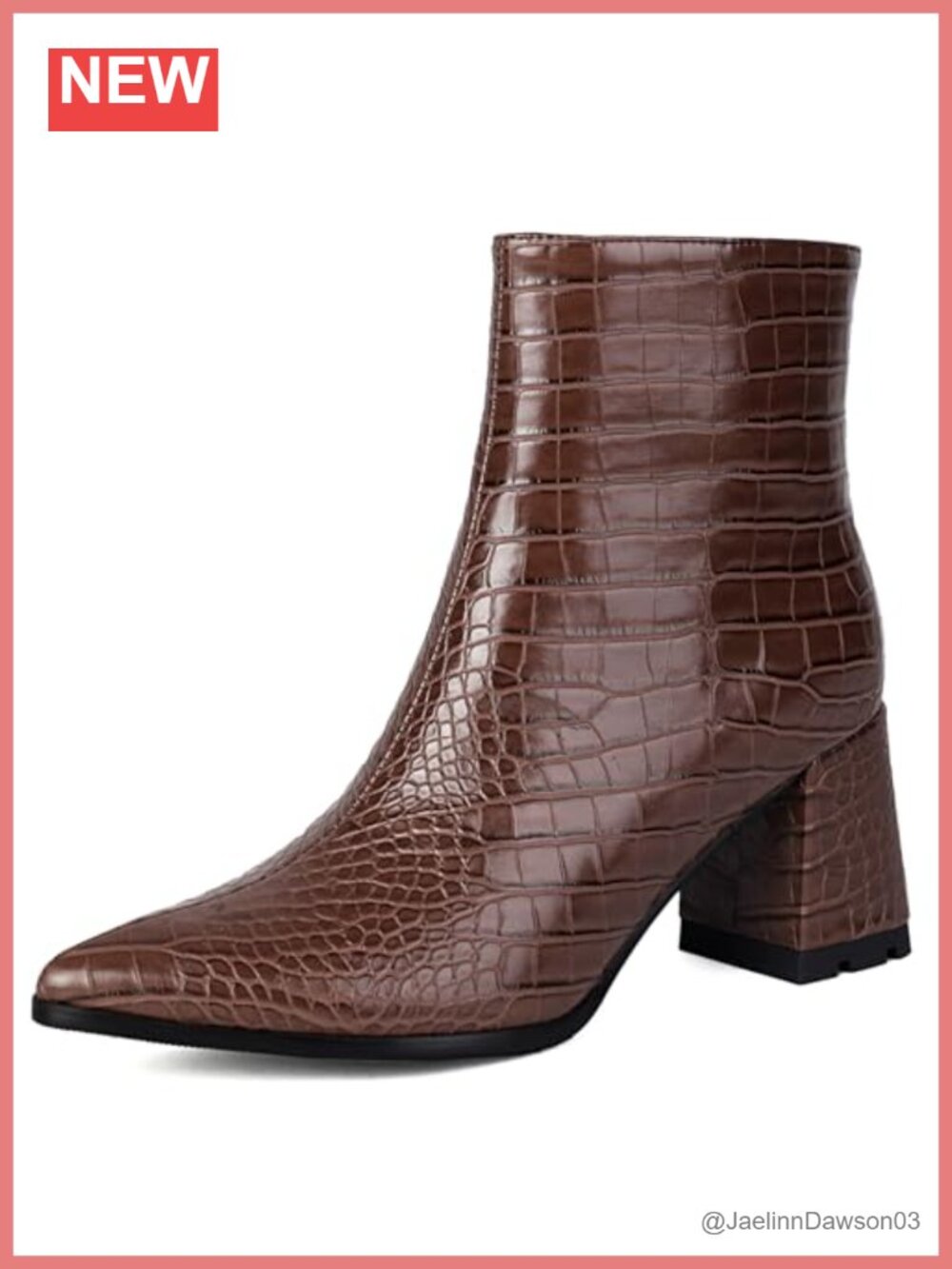 Pointed Toe Ankle Boots Faux Croc Patent Leather Block Heel Booties